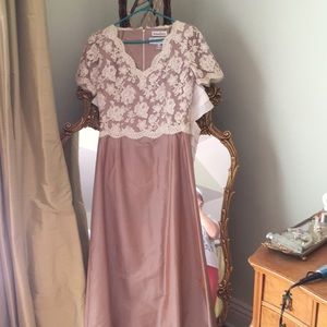 Long dress with lace on the top and silk bottom.